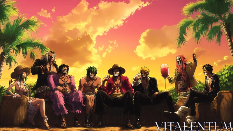 Sunset gathering of anime pirates on tropical pier.