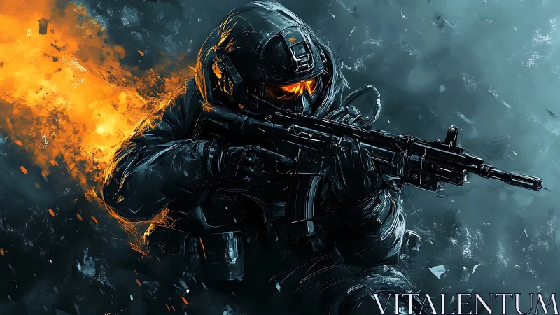 Ember-eyed assault trooper carving fire through frostbite night.