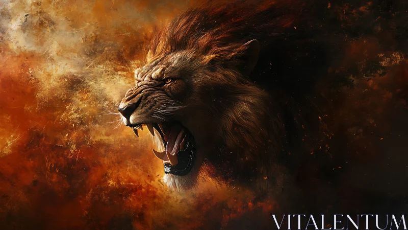Profile view of roaring lion in dense fiery atmosphere.