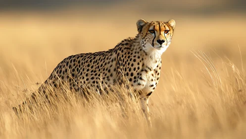 Cheetah standing alert in tall golden savannah grassland.