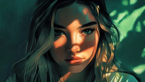 Sunlit portrait casts bold shadows across intense gaze.
