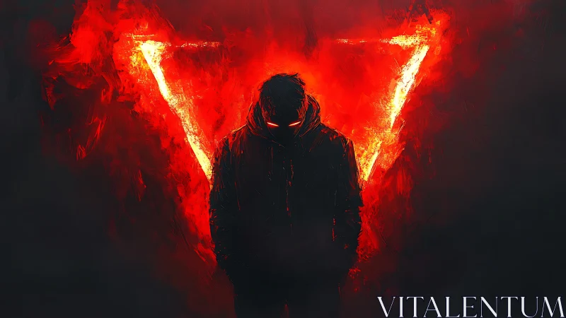 Silhouetted hooded figure before burning red triangle form.