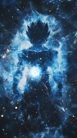 Blazing blue warrior gathers cosmic power in glowing storm