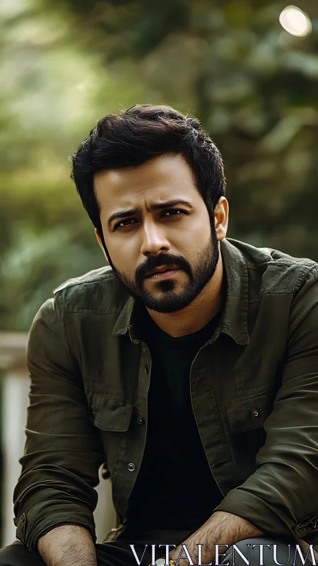 Pensive man in olive shirt under soft forest light.