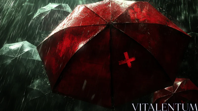 Red umbrellas in heavy rain with bold cross marks.