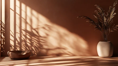 Sunlit terracotta still life renders minimalist interior shadows
