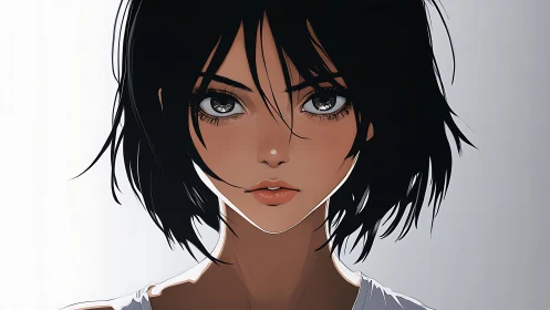 Intense gaze of short haired girl in soft rim lighting.