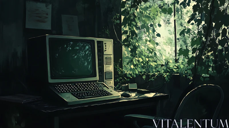 Vintage computer workstation stands beside overgrown window