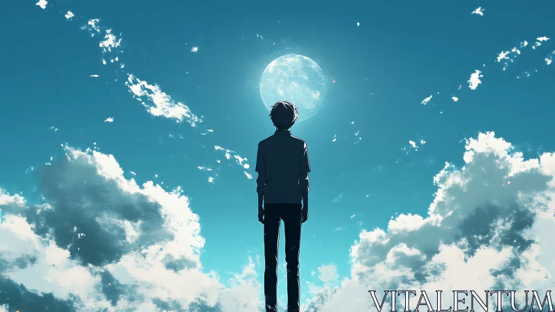 Solitary boy studies luminous moon above drifting clouds.