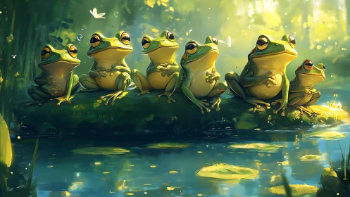 Row of stylized green frogs sits on mossy log above pond