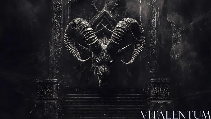 Shadowed horned guardian watching over a haunted gateway.