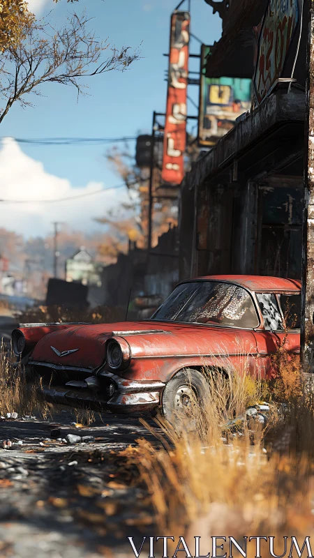 Rusting red sedan rests in an overgrown postwar street.