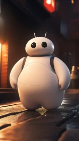 Soft-bodied service robot stands in cinematic alleyway light