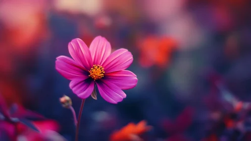Cosmos Flower Macro Study: Magenta Petals with Golden Center Detail.