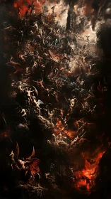 Chaotic infernal battlefield packed with demons and torment.