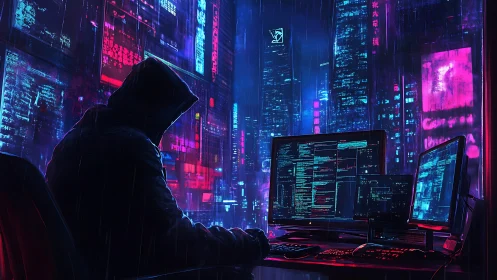 Neon storm hacker composing code in rainlit skyline glow.