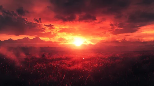 Fiery sunset sky bathes distant mountains and fields in warmth