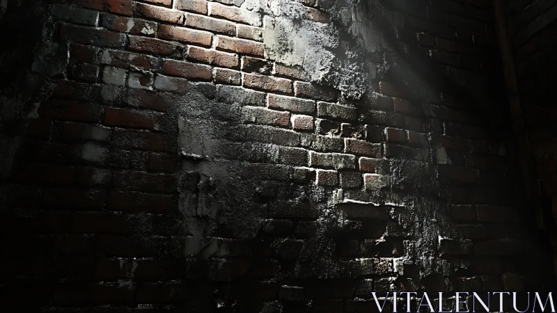 Weathered brick wall catches harsh light in dark space.
