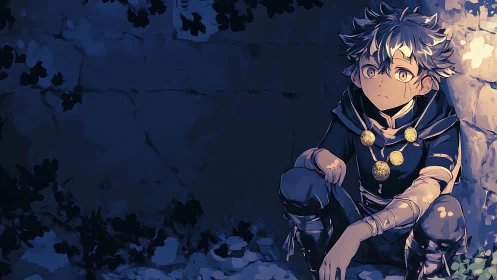 Moonlit novice mage tucks doubt beside an old stone wall