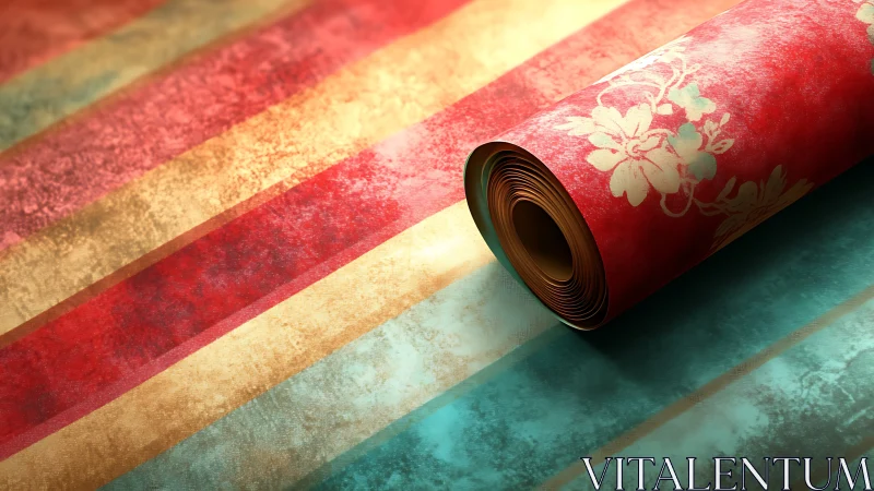 Floral patterned wallpaper roll on textured striped surface.
