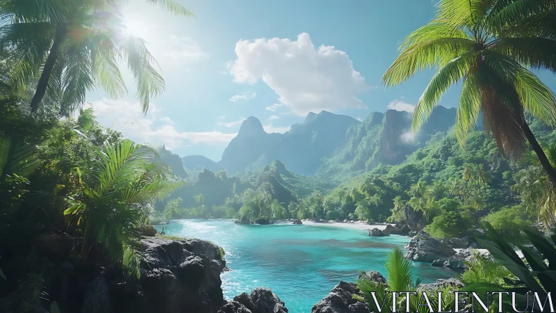 Tropical lagoon landscape with limestone peaks and vegetation.