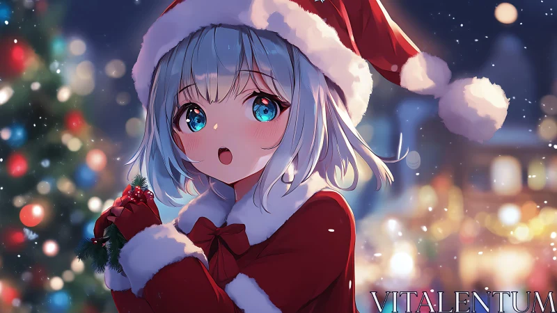 Anime girl in red Santa coat under glowing Christmas lights.