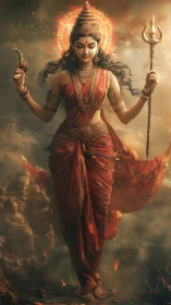 Hindu goddess figure in red sari holding trident in smoke.