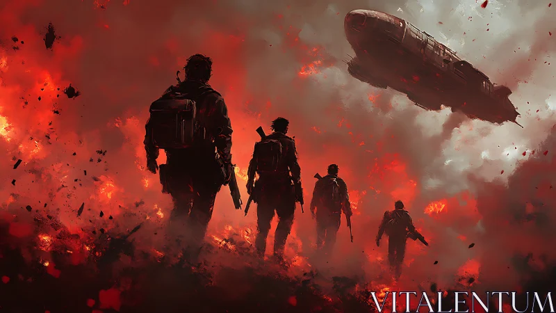 Armed squad advances through incendiary battlefield inferno