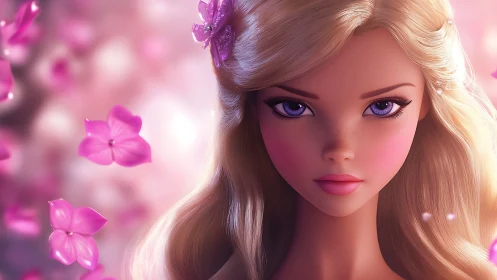 Dreamy blonde doll portrait glows in soft pink blooms