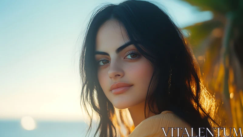 Sunlit coastal portrait with soft golden rim lighting.