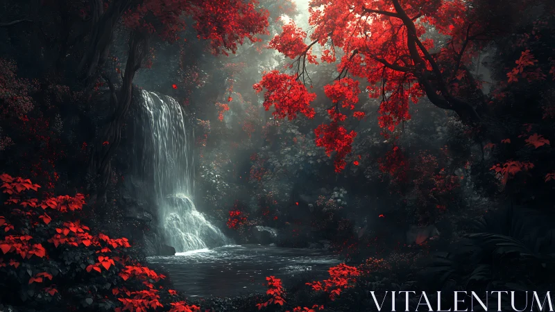 Scarlet Cascade: Where Crimson Foliage Meets Misty Wilderness