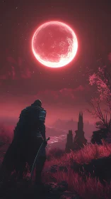 Lone armored wanderer confronts a colossal blood-red moon