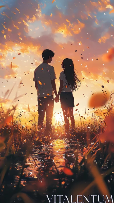 Sunset lovers beneath drifting petals at glowing horizon.