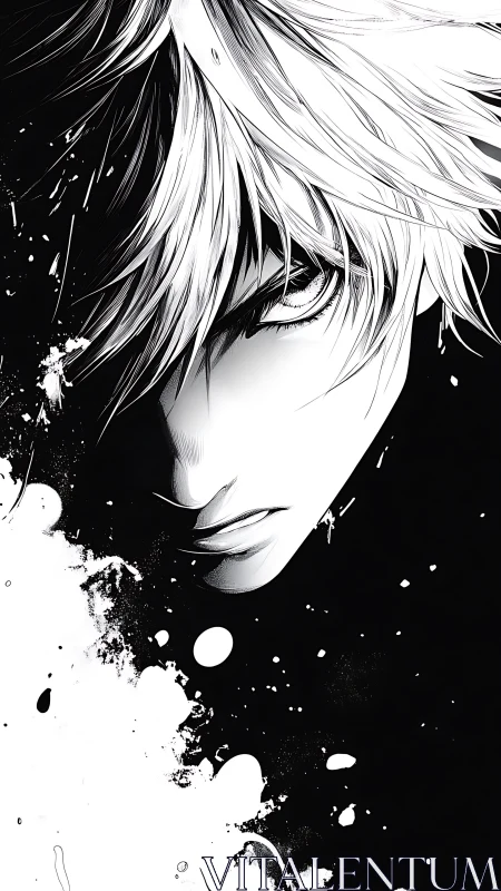Brooding manga portrait in stark black and white ink splatter.