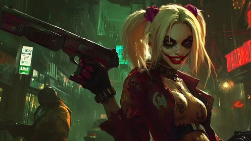 Pigtail clown woman holding pistol in neon city alley