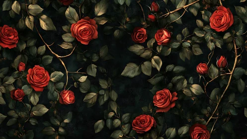 Red Roses Blooming Against Dark Foliage Tapestry.