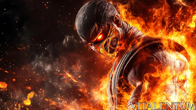 Inferno-masked warrior blazing through molten shadows.