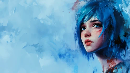 Melancholic blue haired girl framed by expressive paint strokes.