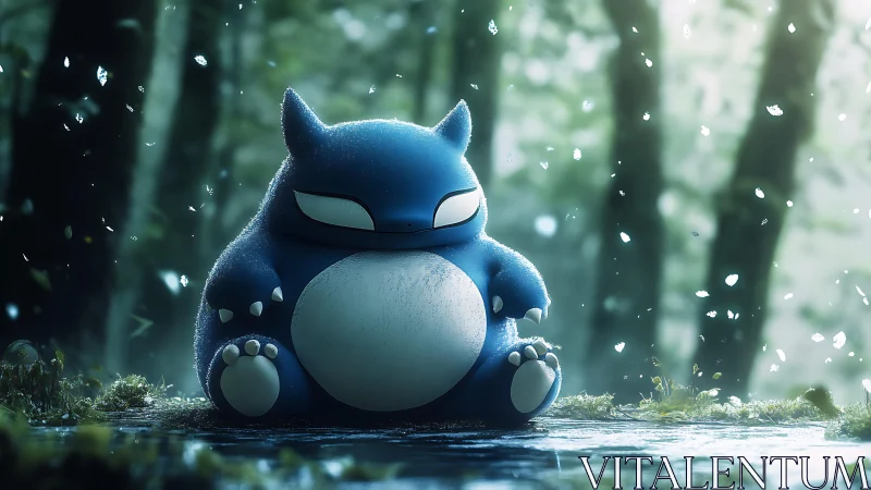 Blue creature sitting on forest path amid falling particles.