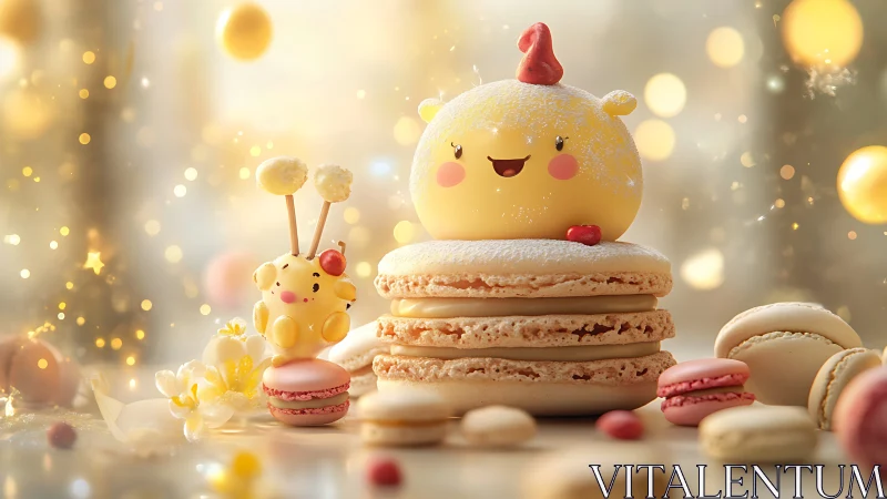 Cheerful Christmas Character Atop Layered Macaron Tower.