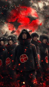 Group of cloaked figures stands before abstract red backdrop