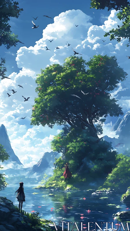 Riverside landscape with distant figures and tree canopy.