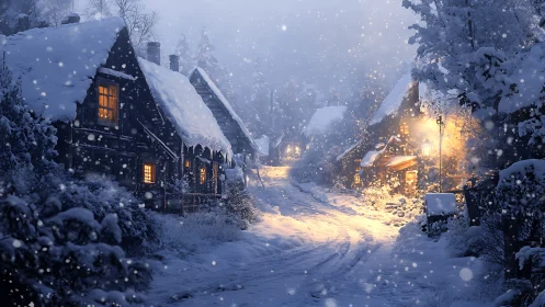 Snow-laden village street glows under warm lamplight snowfall