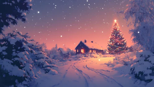 Digital painting of snowy cottage and illuminated Christmas tree.