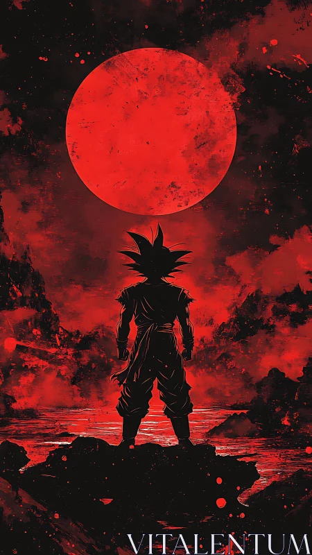 Warrior silhouette under blood-red moon over burning shore.