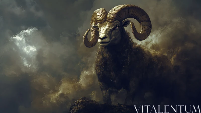 Majestic ram emerges from stormlit clouds in dramatic glory