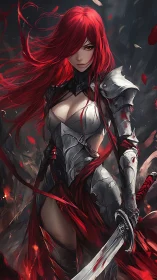 Armored red haired swordswoman rendered with dynamic painterly lighting