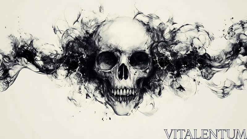 Ink-splatter skull illustration with symmetrical smoke tendrils.