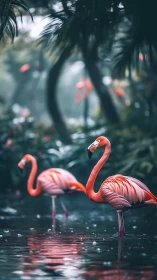 Flamingos stand in misty jungle lagoon with soft reflections