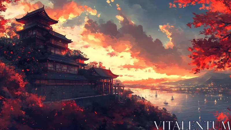 Hillside pagoda complex overlooking harbor at sunset.